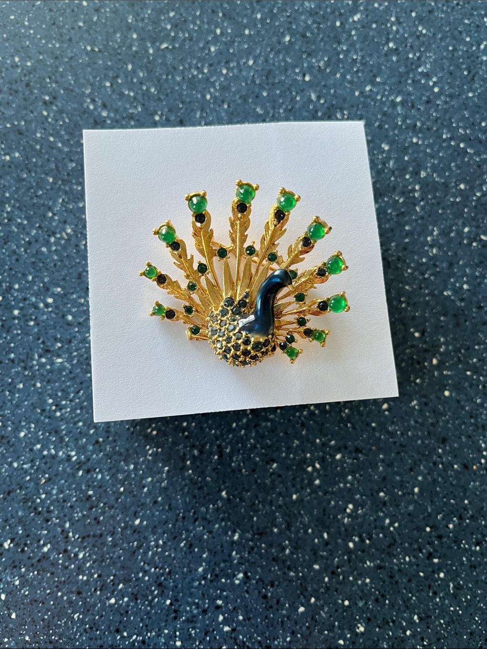 Gold Peacock Brooch with Green and Dark blue Accents